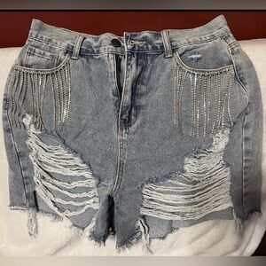 Buddy Love Size Large Elvis Crystal Fringe Denim Shorts